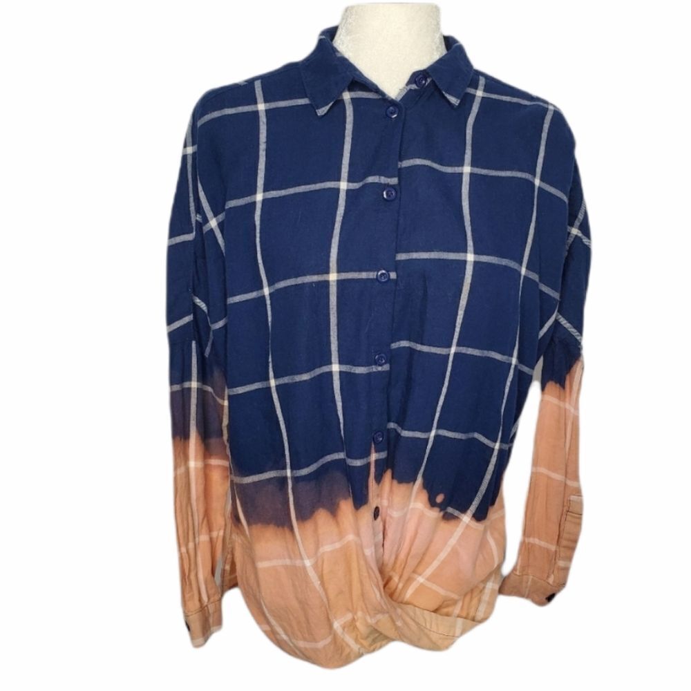 LAC BLEU grunge shirt twist‎ front custom bleach dyed plaid top S